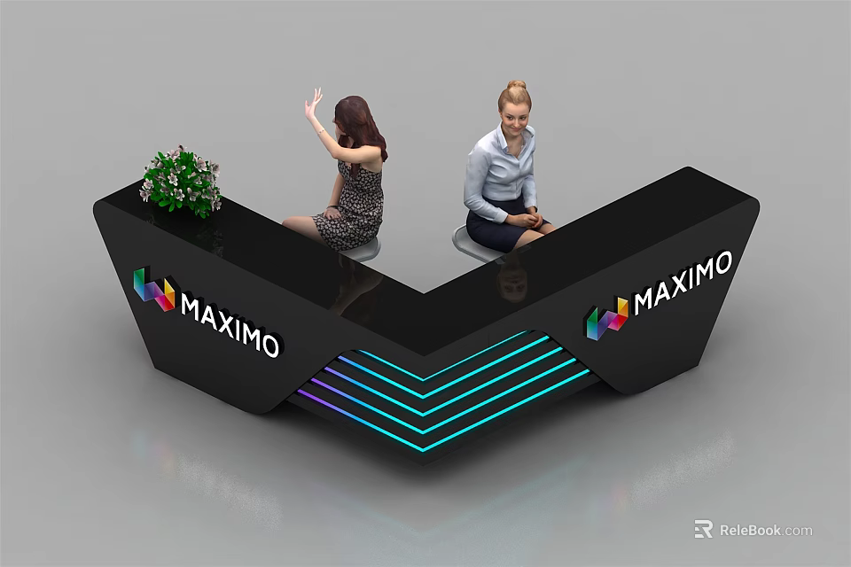 Modern Black V Shaped Reception Desk With MAXIMO Logo And Blue Lighting 3d model