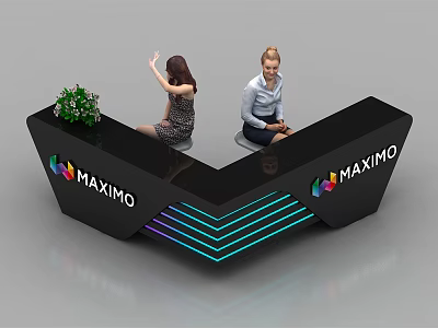 Modern Black V Shaped Reception Desk With MAXIMO Logo And Blue Lighting 3d model