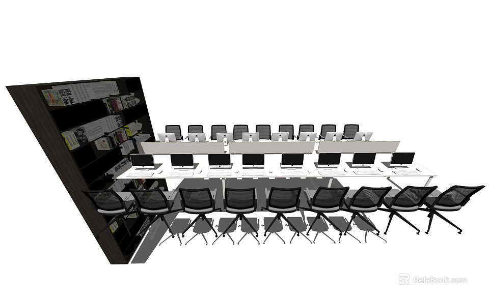 Organized Office Workspace Setup With Multiple Desks Black Chairs And Bookshelf 3d model 
