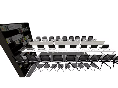Organized Office Workspace Setup With Multiple Desks Black Chairs And Bookshelf 3d model