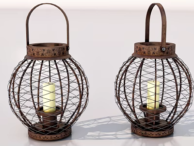 Two Rustic Metal Lanterns With Intricate Wire Designs And Lit Candles Inside 3d model