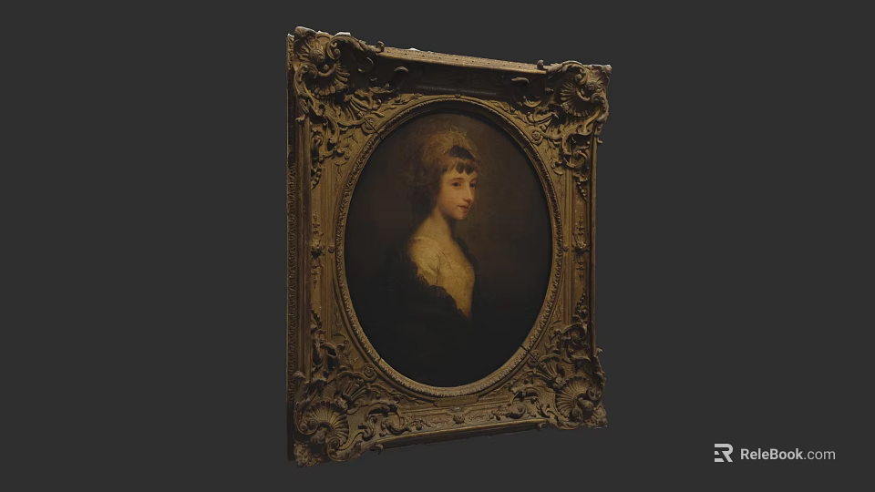 Classic Portrait Painting of a Woman with White Collar in Ornate Gold Carved Frame 3d model 