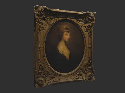 Classic Portrait Painting of a Woman with White Collar in Ornate Gold Carved Frame 3d model