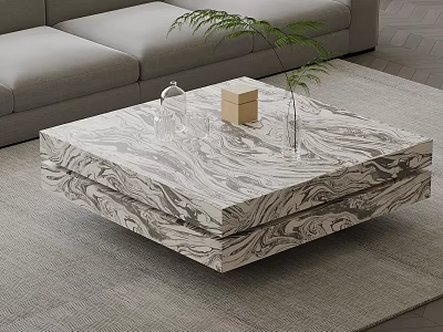 Modern Marble Coffee Table in Living Room with Glass Vase Wooden Box and Green Plant 3d model