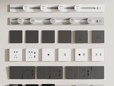 Modern Switch Panel Collection With White Gray Design And Multiple Socket Switch Combinations 3d model