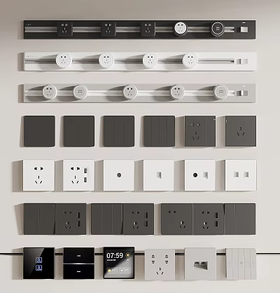 Modern Switch Panel Collection With White Gray Design And Multiple Socket Switch Combinations 3d model