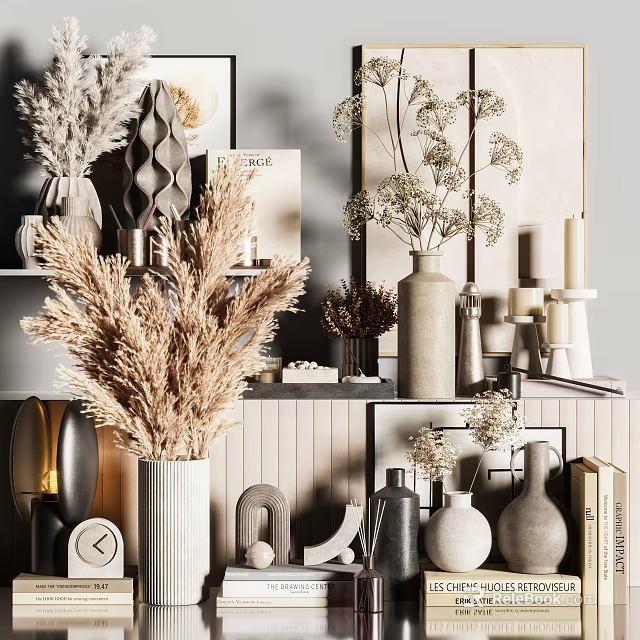 Modern Luxury Decorative Ornament Set With Dried Pampas Grass Vases Candles And Sculptures 3d model 