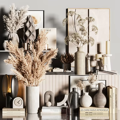 Modern Luxury Decorative Ornament Set With Dried Pampas Grass Vases Candles And Sculptures 3d model