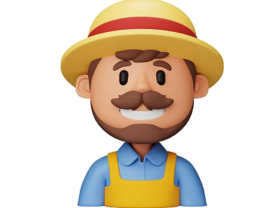 Man with yellow hat red band and brown mustache wearing blue shirt and yellow overalls 3d model