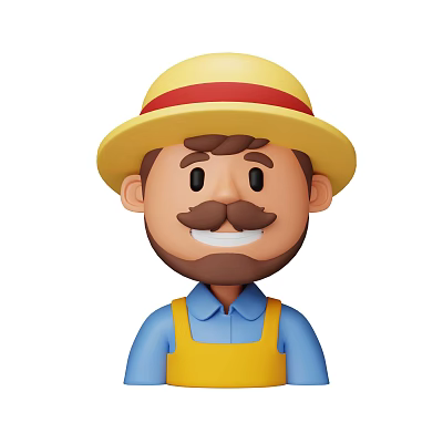 Man with yellow hat red band and brown mustache wearing blue shirt and yellow overalls 3d model