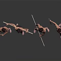 Shirtless Men In Black Shorts Holding Long Sticks In Various Poses On Grey Reflective Floor