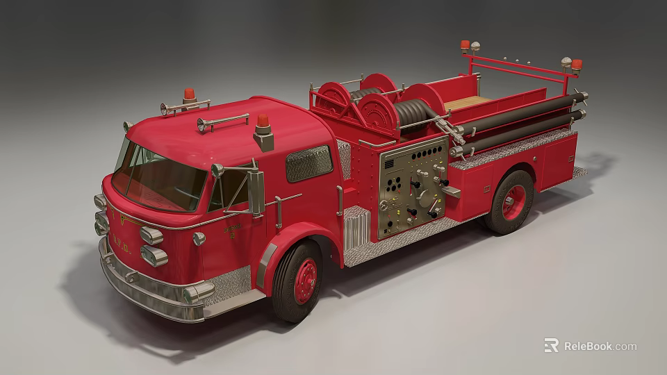 Vintage Red Fire Truck With Hose Reels And Control Panel 3d model 
