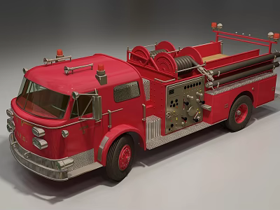 Vintage Red Fire Truck With Hose Reels And Control Panel 3d model