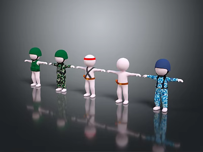 Game Movie 3D Characters in Various Outfits Holding Hands in Line on Dark Reflective Floor 3d model
