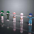 Game Movie 3D Characters in Various Outfits Holding Hands in Line on Dark Reflective Floor