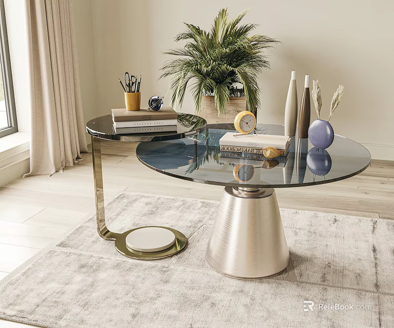 Modern Coffee Table With Glass Top And Metal Base Featuring Decorative Books And Plant 3d model 