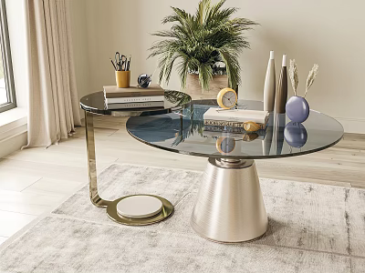 Modern Coffee Table With Glass Top And Metal Base Featuring Decorative Books And Plant 3d model