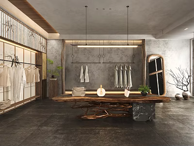 Modern Clothing Store Interior With Hanging Clothes Wooden Table And Decorative Plants 3d model