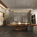 Modern Clothing Store Interior With Hanging Clothes Wooden Table And Decorative Plants