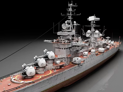 Realistic Warship Model With Gray Hull Red Deck Turrets And Antennas 3d model