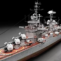 Realistic Warship Model With Gray Hull Red Deck Turrets And Antennas