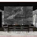 Modern Dining Table Set With Marble Wall Black Chairs And Decorative Shelf 3d model