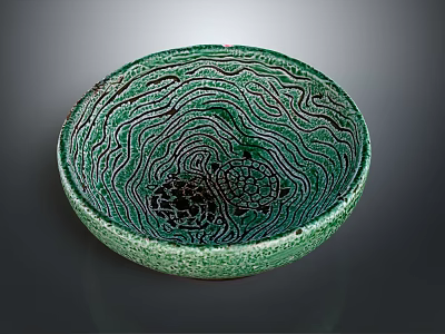Bowl Shaped Ceramic Decorative Ornament Set With Green Wavy Pattern And Black Motifs 3d model