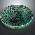 Bowl Shaped Ceramic Decorative Ornament Set With Green Wavy Pattern And Black Motifs