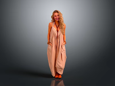 Blonde woman in light brown halter maxi dress with hands in pockets against gray background 3d model