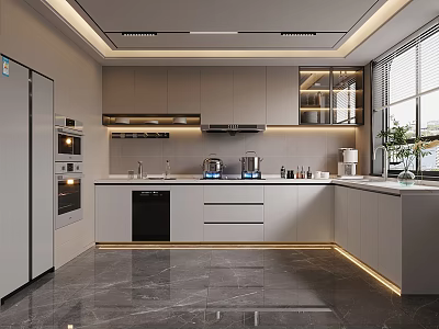 Modern Kitchen With Gray Cabinets And White Marble Countertops Fridge Oven Dishwasher Green Plant 3d model