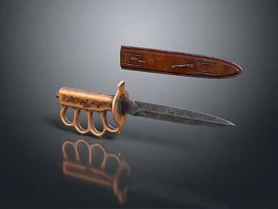 Antique Dagger Featuring Brass Knuckles Handle And Leather Sheath Design 3d model