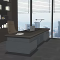 Modern Office Featuring Dark Wooden Bookshelves Desk Computer Chair Floor To Ceiling Windows And Carpet