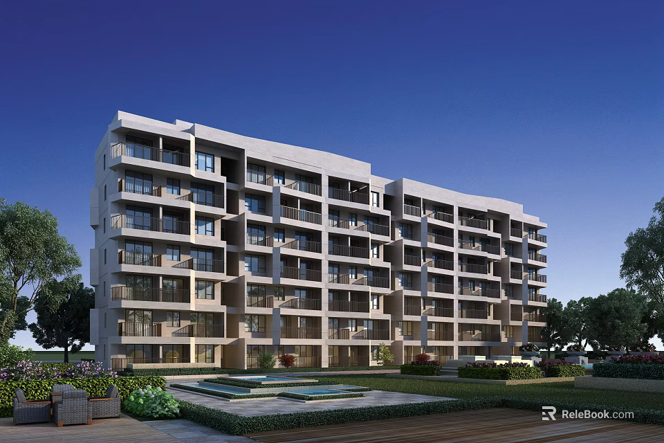 Modern Multi storey Residential Building With Balconies And Landscaped Garden Area 3d model 