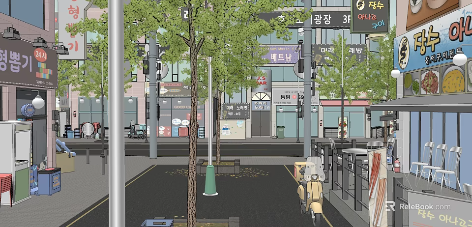 Bustling Shopping Street Featuring Shops Trees And Scooter On City Road 3d model 