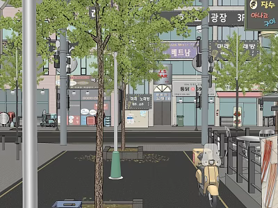 Bustling Shopping Street Featuring Shops Trees And Scooter On City Road 3d model