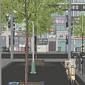 Bustling Shopping Street Featuring Shops Trees And Scooter On City Road