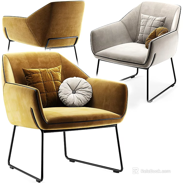 Modern Velvet Accent Chairs in Mustard and Grey with Decorative Pillows and Metal Legs 3d model 