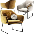 Modern Velvet Accent Chairs in Mustard and Grey with Decorative Pillows and Metal Legs