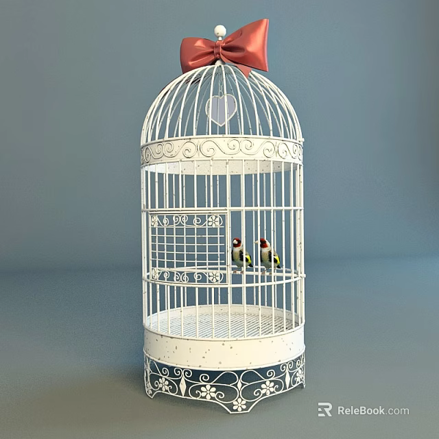 White Birdcage Decorative Ornament Set With Red Bow Two Small Birds And Blue Patterned Base 3d model 