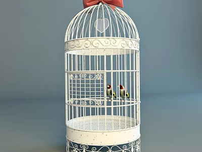 White Birdcage Decorative Ornament Set With Red Bow Two Small Birds And Blue Patterned Base 3d model
