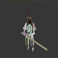 Mechanical Character with Spiked Head White Red Design Standing on Long Legs Holding Long Weapon
