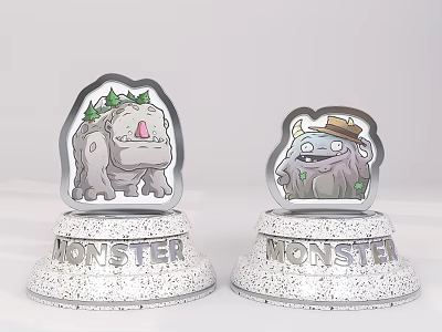 Two Cartoon Monster Figurines On White Speckled Bases With Green Leaf Decor And Hat Accessory 3d model