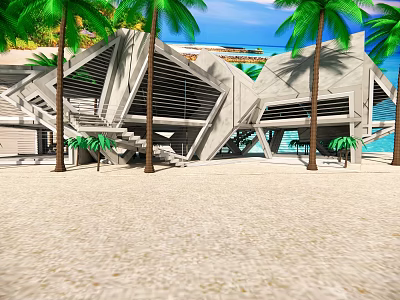 Modern Detached Villa with Geometric Architecture on Beachfront with Palm Trees and Ocean View 3d model