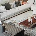 Modern Living Room Interior With White Sofa Coffee Table Area Rug And Large Windows