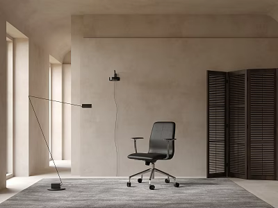 Black Leather Office Chair With Modern Design In Minimalist Interior Gray Carpet And Floor Lamp 3d model