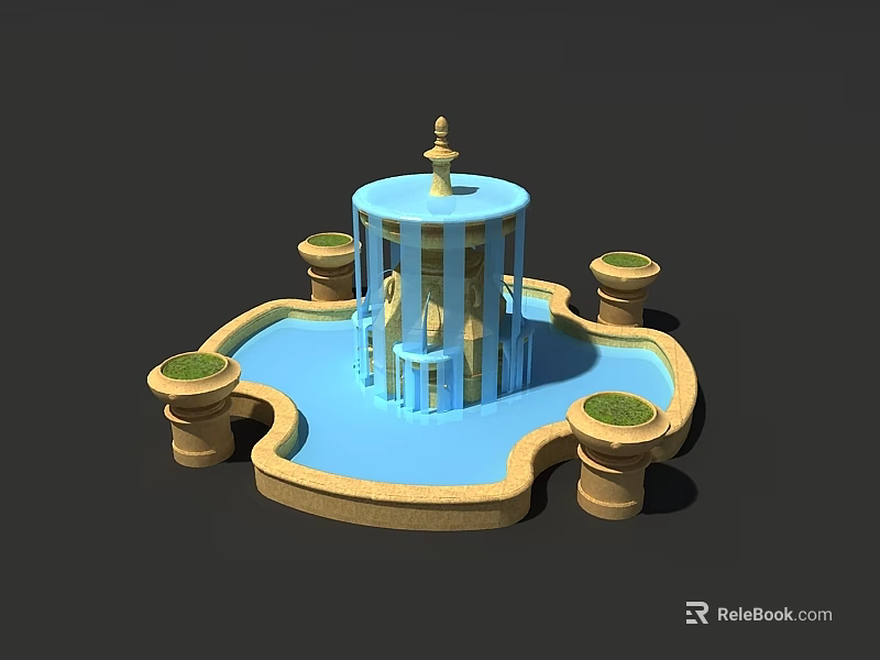 Small Garden Ornament Fountain with Blue Structure Circular Pedestals and Greenery Pool 3d model 