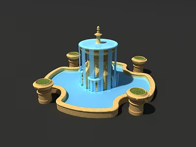 Small Garden Ornament Fountain with Blue Structure Circular Pedestals and Greenery Pool 3d model