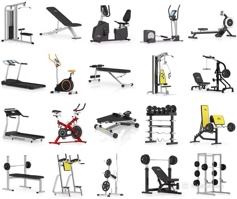 Diverse Collection of Fitness Equipment Including Treadmills Exercise Bikes Dumbbells and Weight Benches 3d model 
