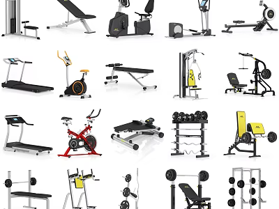 Diverse Collection of Fitness Equipment Including Treadmills Exercise Bikes Dumbbells and Weight Benches 3d model