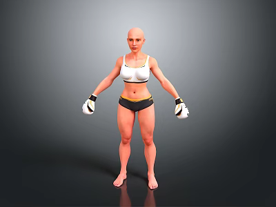 Bald Woman in White Sports Bra Black Shorts with White Boxing Gloves Standing Pose 3d model